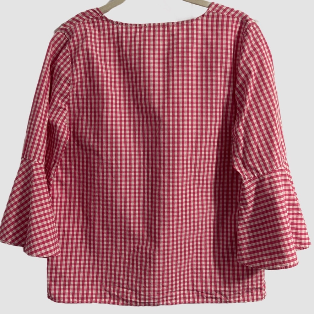 Jane and Delancey Pink Checked V-Neck Blouse Top 3/4 Bell‎ Sleeves Size Medium - Picture 3 of 6